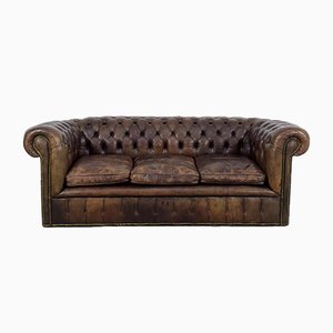 Grand Canapé Chesterfield Antique Marron en Cuir, 1920s