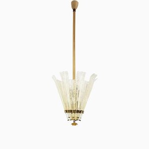 Large Golden Murano Glass & Brass Chandelier by Tomaso Buzzi for Venini,1930s