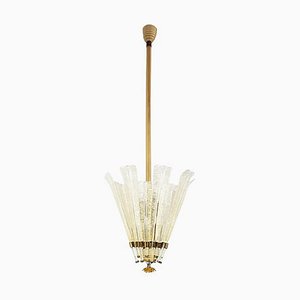 Large Golden Murano Glass & Brass Chandelier by Tomaso Buzzi for Venini,1930s