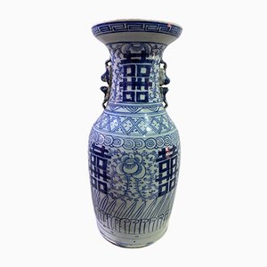Chinese Glazed Blue Porcelain Vase with Geometric Patterns and Flowers