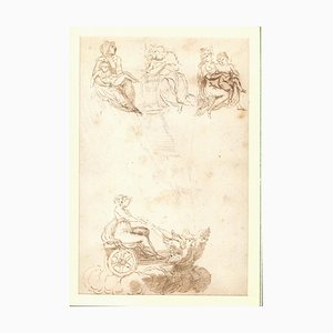 Virgin on a Winged Cart, Original Ink and Watercolor, 18th Century