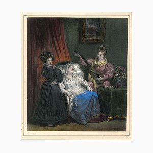 Litografía original Achille Devéria, The Rest, principios del siglo XIX