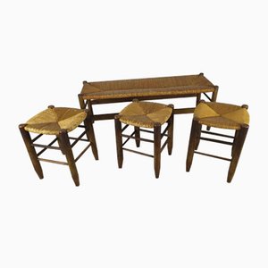 Rustic Style Bench and Stools by Charlotte Perriand, Set of 4