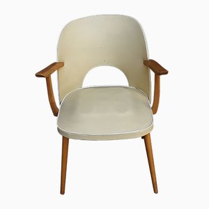 Berger-Shaped Armchair with Rounded Backrest in Light Beech with Yellow Vinyl & White Piping, 1960s