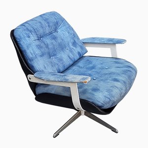 Drehbarer Vintage Schalensitz aus schwarzem Kunstleder & blauem Stoff mit Gestell aus verchromtem Stahl, 1960er