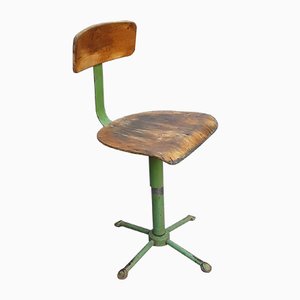 Mid-Century Green Painted Iron Frame & Beech Plywood Adjustable Workshop Swivel Chair, 1950s