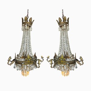 Französische Empire Kronleuchter aus Kristallglas & Vergoldeter Bronze, 2er Set