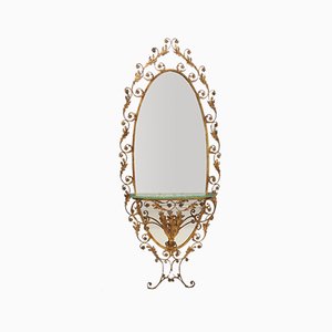 Entryway Mirror & Brass Console Table with Glass Top by Pierluigi Colli