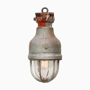 Lámpara colgante industrial vintage de metal gris y vidrio claro de Crouse Hinds