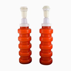 Table Lamps in Orange Mouth Blown Art Glass by Po Ström for Alsterfors, Set of 2