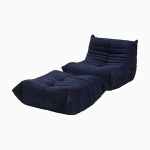 Togo Dark Blue Armchair and Footstool by Michel Ducaroy for Ligne Roset, Set of 2