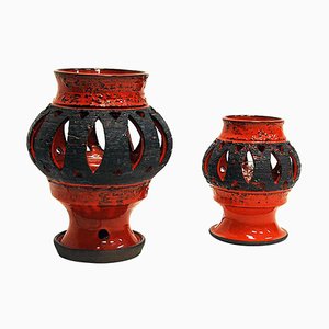 Lampes de Bureau en Céramique Vernie Rouge par Nykirka Motala Keramik, Suède, 1960s, Set de 2