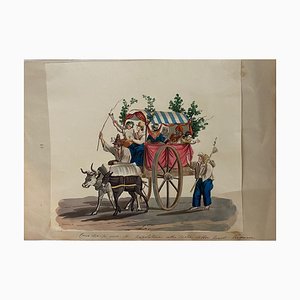 Gouache original, siglo XIX, Michela De Vito Wagon with Neapolitans