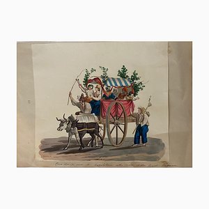 Michela De Vito, Wagon with Neapolitans, Original Gouache, 19th-Century