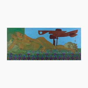 Leo Guida, Lying Nude with Signals 1, pintura al óleo original sobre lienzo, 1988
