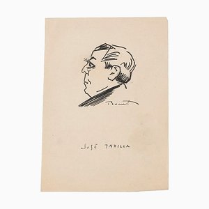 Roman Bonet, Portrait of José Padilla, Original Pen Drawing, Mid-20th-Century