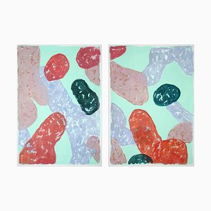 Pintura abstracta de naturaleza muerta sobre papel, fruta de finales de verano, tonos pastel cálidos, 2021