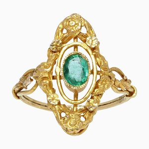 French Emerald 18 Karat Yellow Gold Marquise Shape Ring, 1900s