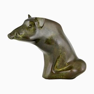 Bronze Sculpture of a Wild Boar, Claude Lhoste, 1993