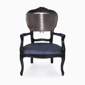 Corset Armchair with Black Leather Back & Black Velvet Seat from Mineheart