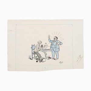 Familienszene, Original China Tinte und Aquarell, Mitte 20. Jahrhundert