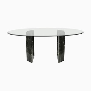 Black Marble and Beveled Glass Top Oval Dining Table