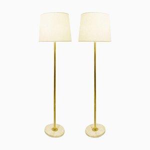 Brass and Travertine Base Floor Lamps, Set of 2