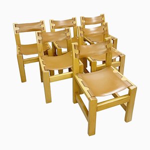 Stühle aus Ulmenholz und Leder im Stil von Pierre Chapo, 1960er, 6er Set