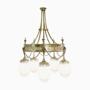 Chandelier with 5-Light in Silvered Bronze and Cut Crystal, France