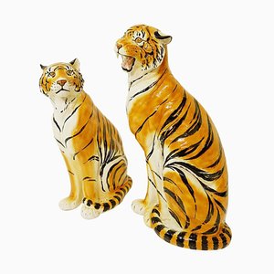 Large Italian Glazed Terracotta Tigers, Set of 2