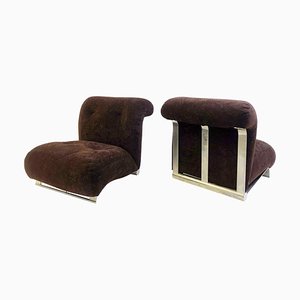 Low Armchairs in Brushed Chrome with Brown Velvet Cushions, 1970s, Set of 2