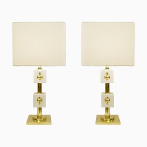 Lámparas de mesa italianas con cubos de vidrio blanco y latón. Juego de 2