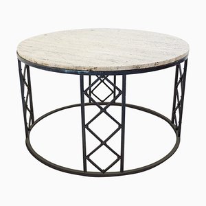 Travertine and Wrought Iron Circular Coffee Table, 1940s