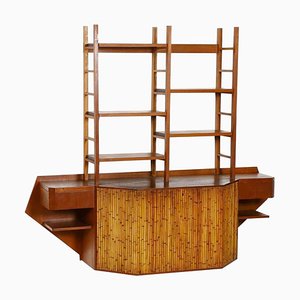 Mueble de pared de escritorio de teca y bambú al estilo de Osvaldo Borsani