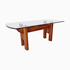 Italian Wood Dining Table with Glass Top by Franco Poli for Bernini C., 1979
