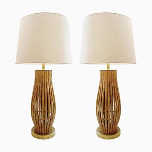 Grandes Lampes de Bureau en Laiton et Bambou, Set de 2