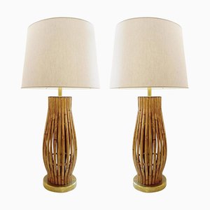Große Tischlampen aus Messing & Bambus, 2er Set