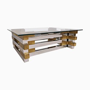 Table Basse en Laiton, Chrome et Verre