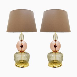 Italian Table Lamps in Transparent and Smoked Pink Glass, Set of 2