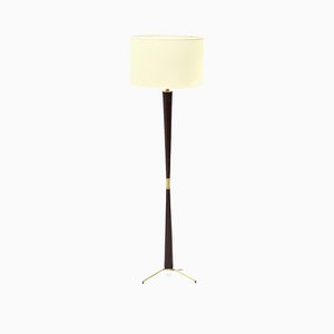 Wooden Floor Lamp with Fabric Shade & Brass Base, 1940s