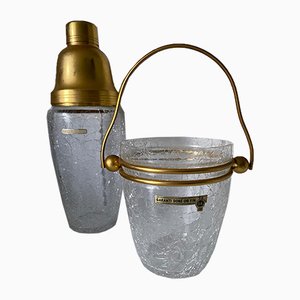 Shaker and Ice Bucket in Gilt from Val Saint Lambert, 1960s, Set of 2