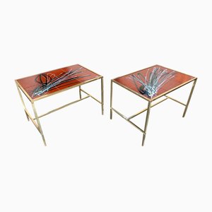 Italian Fontana Style Brass and Ceramic Side Tables, 1970s, Set of 2