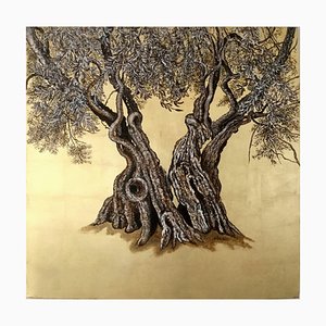 Oil and Gold Leaf Painting, Olive Tree, Landscape, 2020