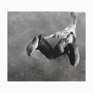 Jump Man, Realistic Figurative Charcoal on Paper, Large Size, Contemporary Frame, 2017