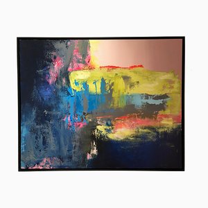 Chasing the Rain, Contemporary Bright Bold, Encadrée Peinture Abstraite sur Toile, 2018