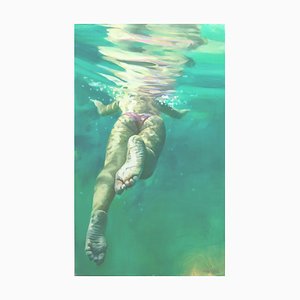 Decollare, nuotatore subacqueo e acqua verde, olio su tela, 2019