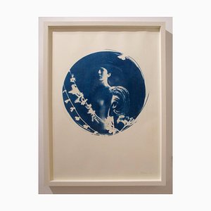 Aquila, Round Cyanotype on Paper, White Box Frame, Romantic Vintage Looking Nude, 2014
