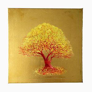 Remember Me, Yellow & Orange Tree, Pop Style Painting, Gold Leaf Oil on Canvas, 2018