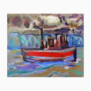 The Red Boat, Figurative Oil on Linen, Rich Bold Colors, Abstract Style, 2012
