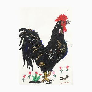 Apostolos Chantzaras, Rooster Over Flowers II, Unframed Painting on Paper, 2017